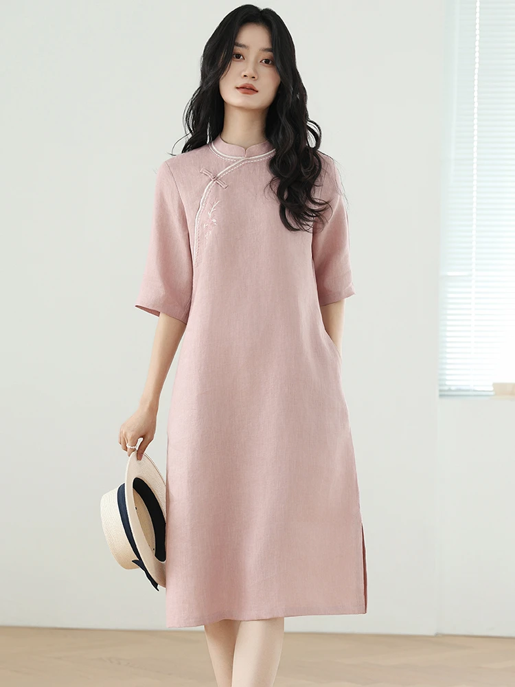 25【拾光】亚麻上新设计师款国风改良旗袍文艺减龄绣花裙子