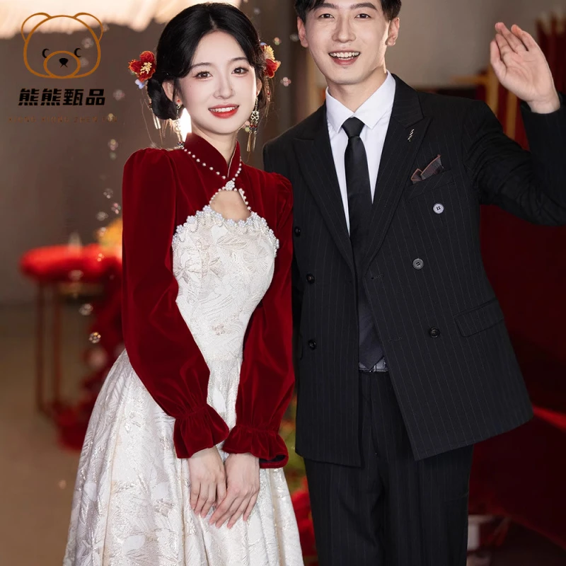 新中式敬酒服长袖新款订婚旗袍礼服裙女结婚婚服新娘便装礼服dd