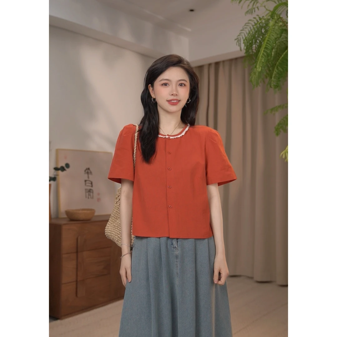 圆圆【心花怒放】休闲百搭纯色蕾丝花边褶皱均码领短袖上衣 YY 7872