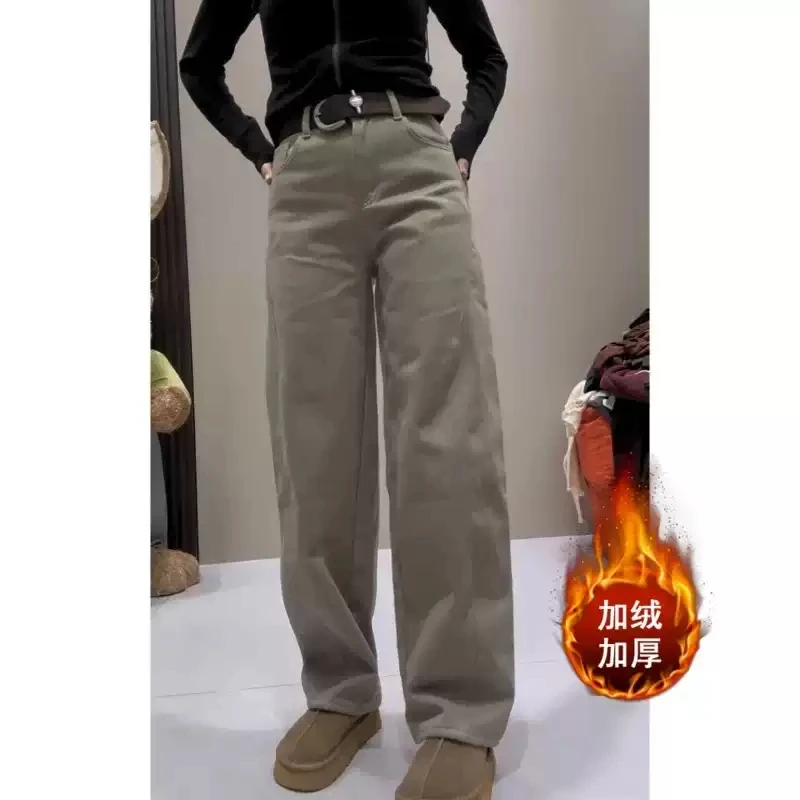 冬季加绒加厚窄版直筒牛仔裤女2025新款梨形身材高腰复古显瘦长裤