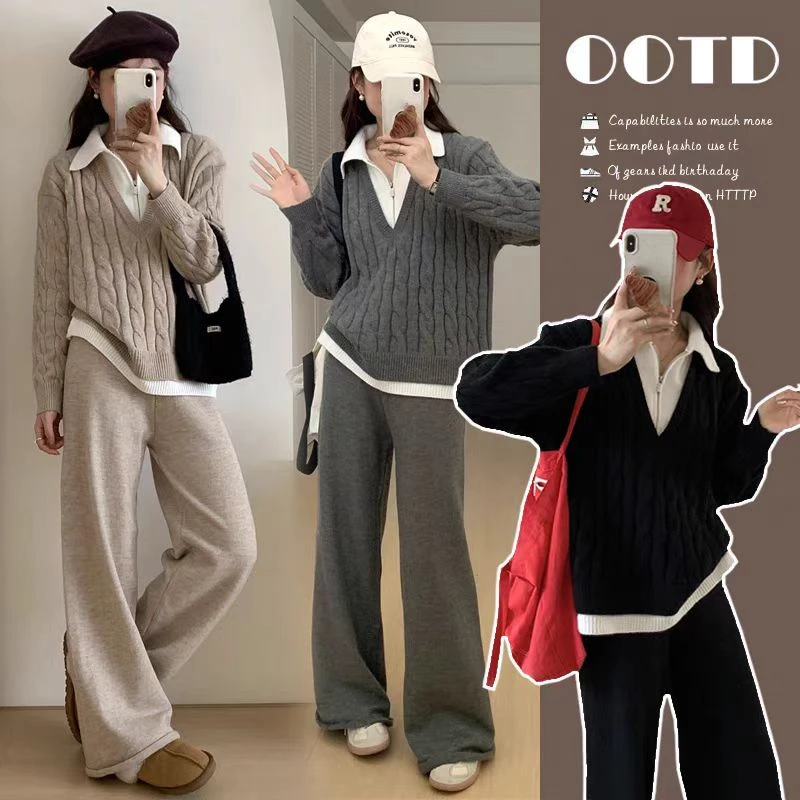 孕妇装网红简约加厚翻领针织衫毛衣+阔腿裤两件套装2204秋冬新款