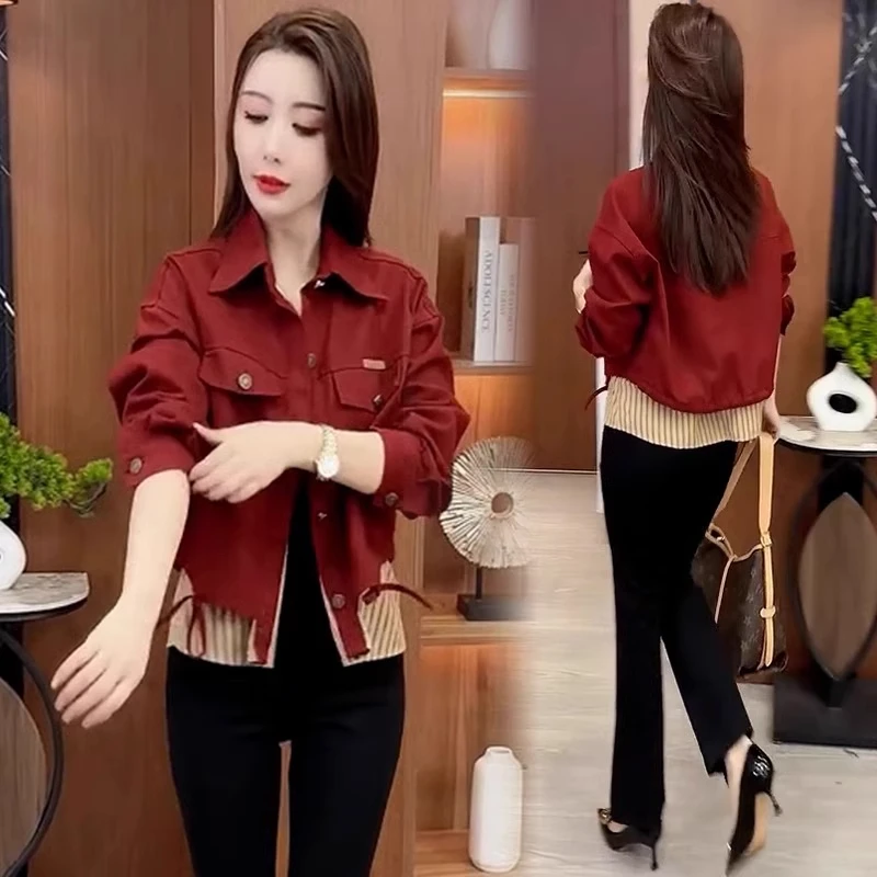 拉夏贝尔新款时尚短款外套2025女秋季新款洋气百搭拼接小个子上衣