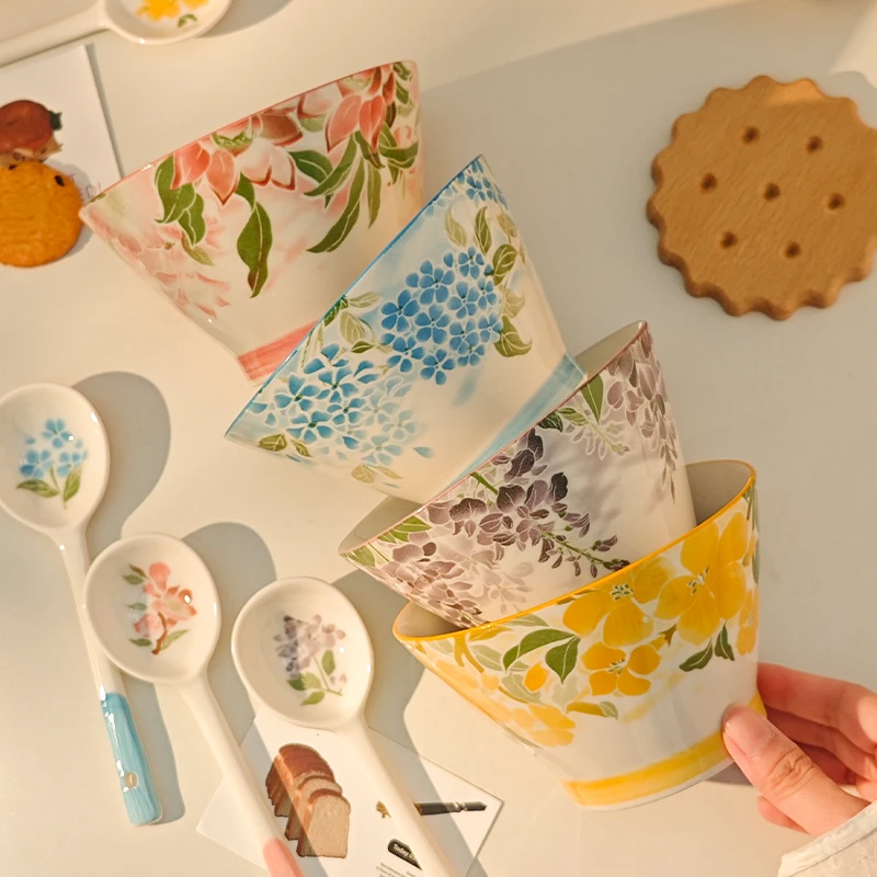 【一路生花】5英寸斗笠碗陶瓷家用4个装釉下彩创意轻奢厚实吃饭碗