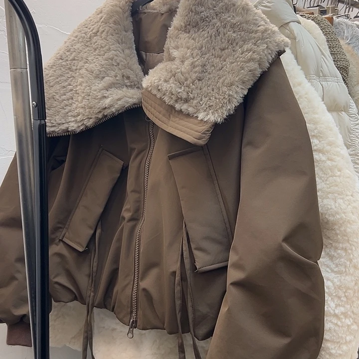 今天新款 毛毛翻领 咖色羽绒服M