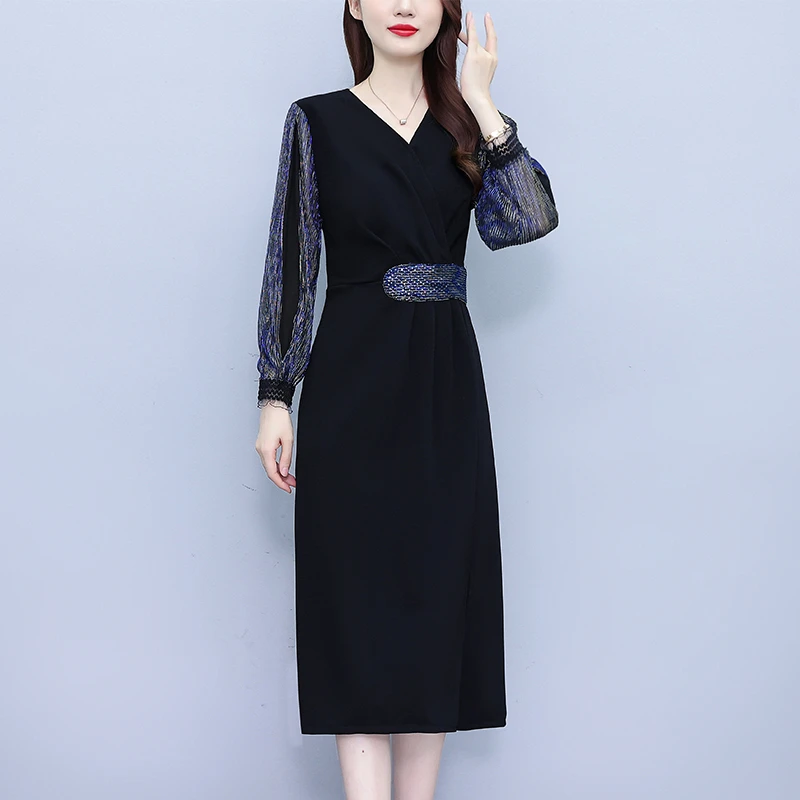 7776春季新款大码女装灯笼袖时尚妈妈装中长款显瘦气质显瘦连衣裙