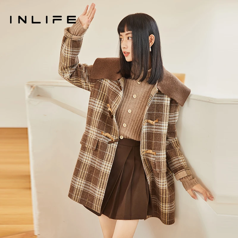 [粉丝专享] inlife伊纳芙复古荷叶领格子双面呢大衣Q21D1N7292
