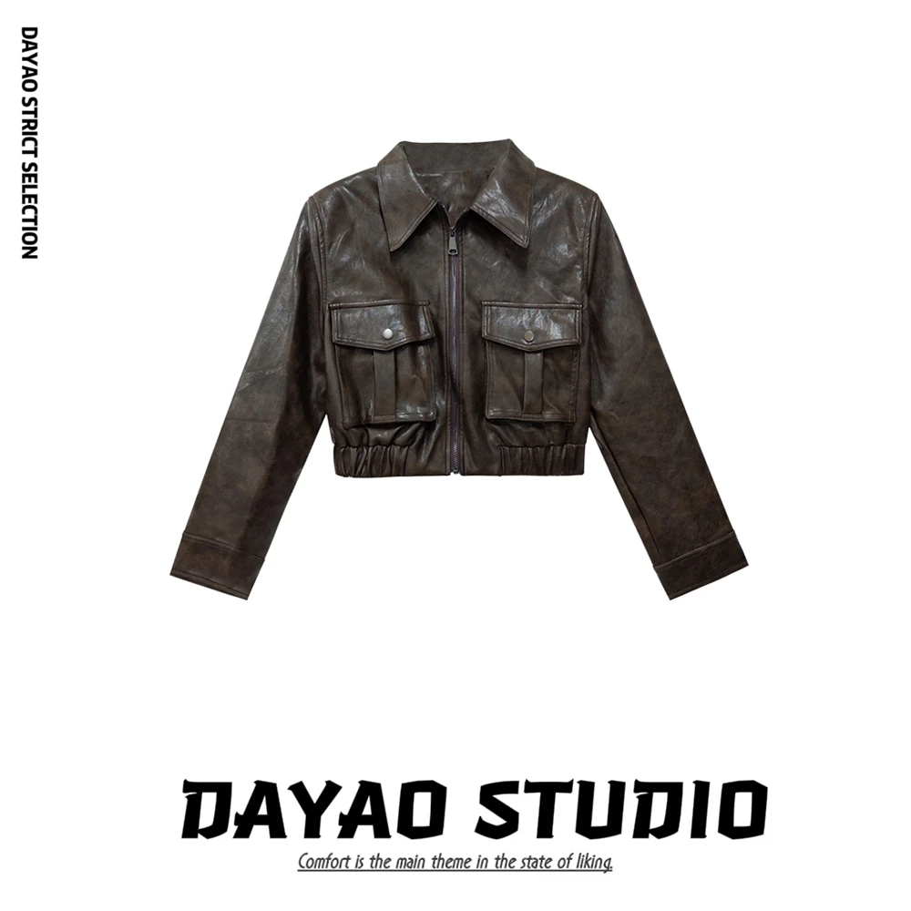 【迪克皮衣】洋气设计感复古双口袋短款皮衣外套★24208