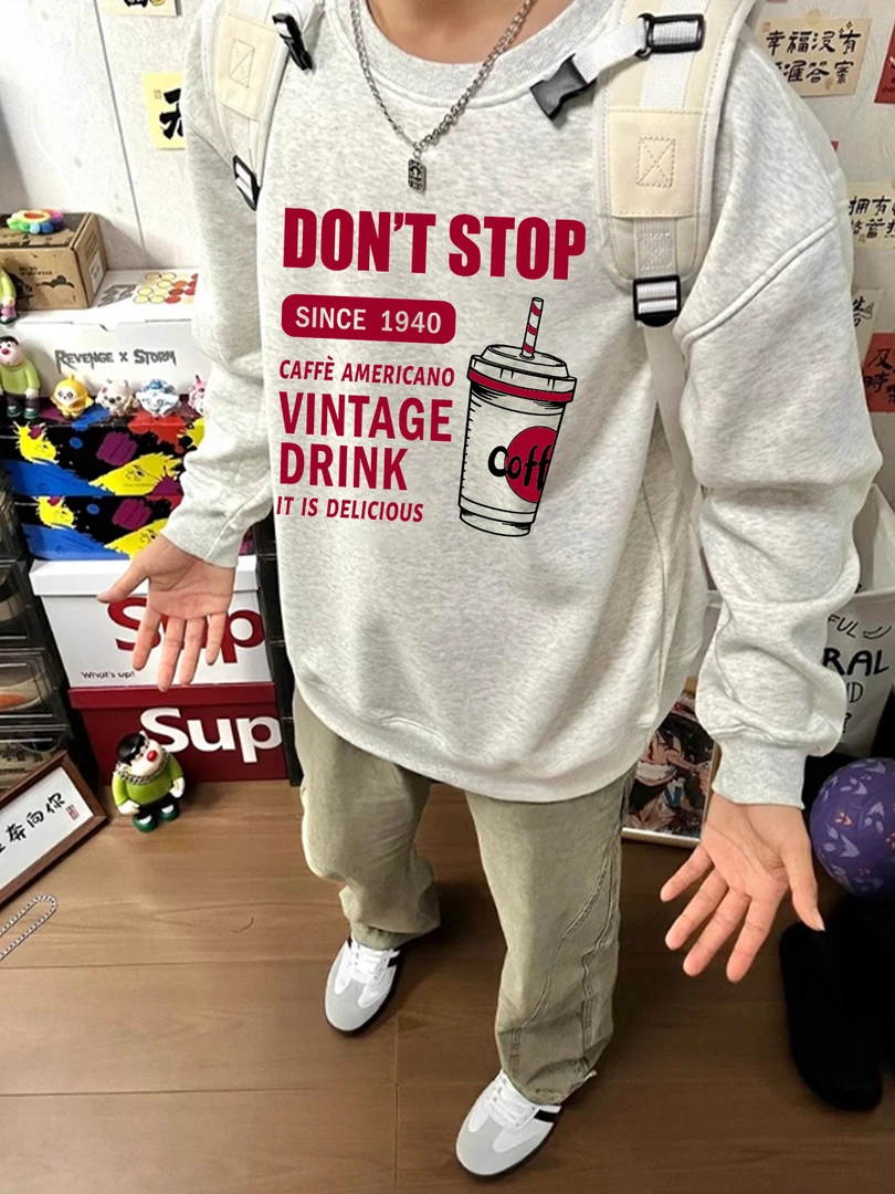 秋冬季黑色圆领卫衣加绒加厚潮流咖啡杯字母印花套头内搭打底长袖