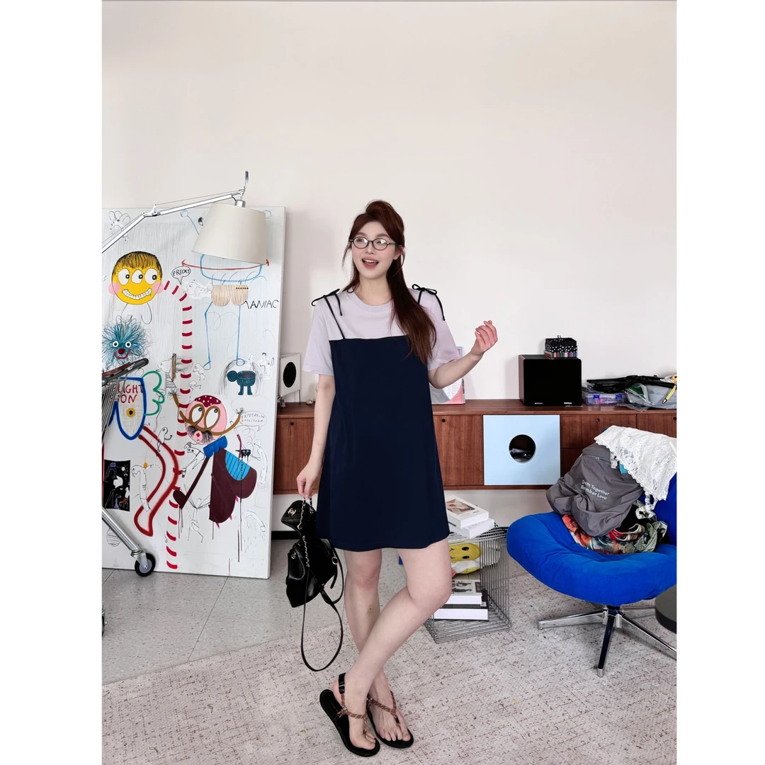 晶咕【二重奏拼盘】假两件减龄撞色拼接短袖连衣裙宽松中长