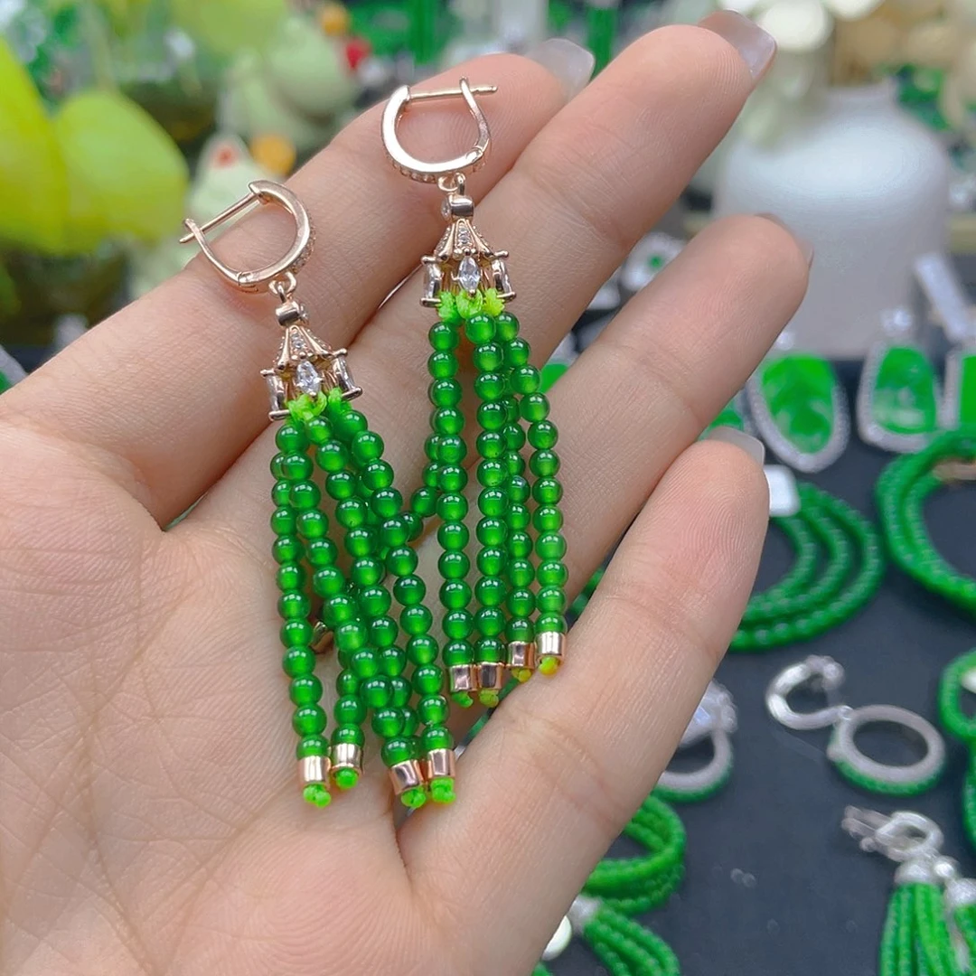 翡翠耳饰银S925镶嵌夏*天然A货翡翠