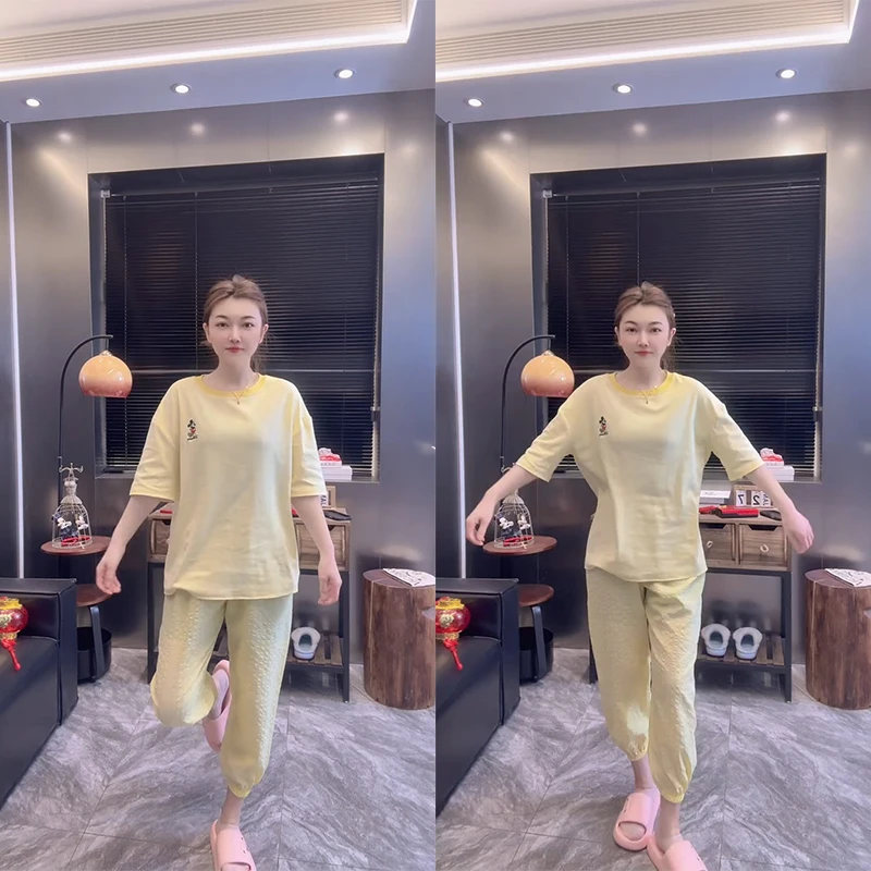 新款米奇家居服可外穿套装格子睡裤舒适睡衣女春夏宽松韩版女大码