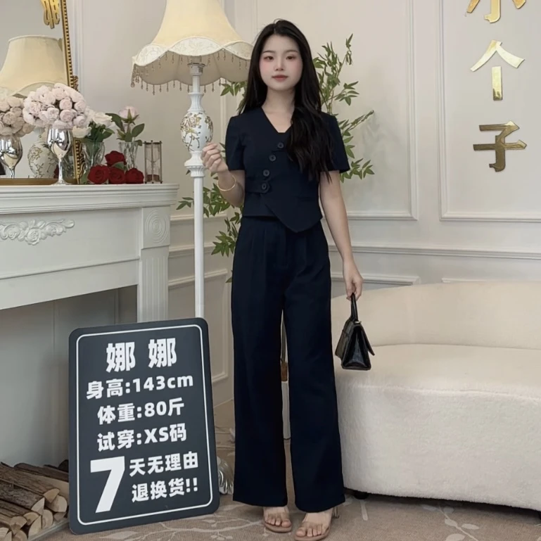 【3向向小个子】140cm斜门襟V领上衣+垂坠感直筒裤夏季女套装075