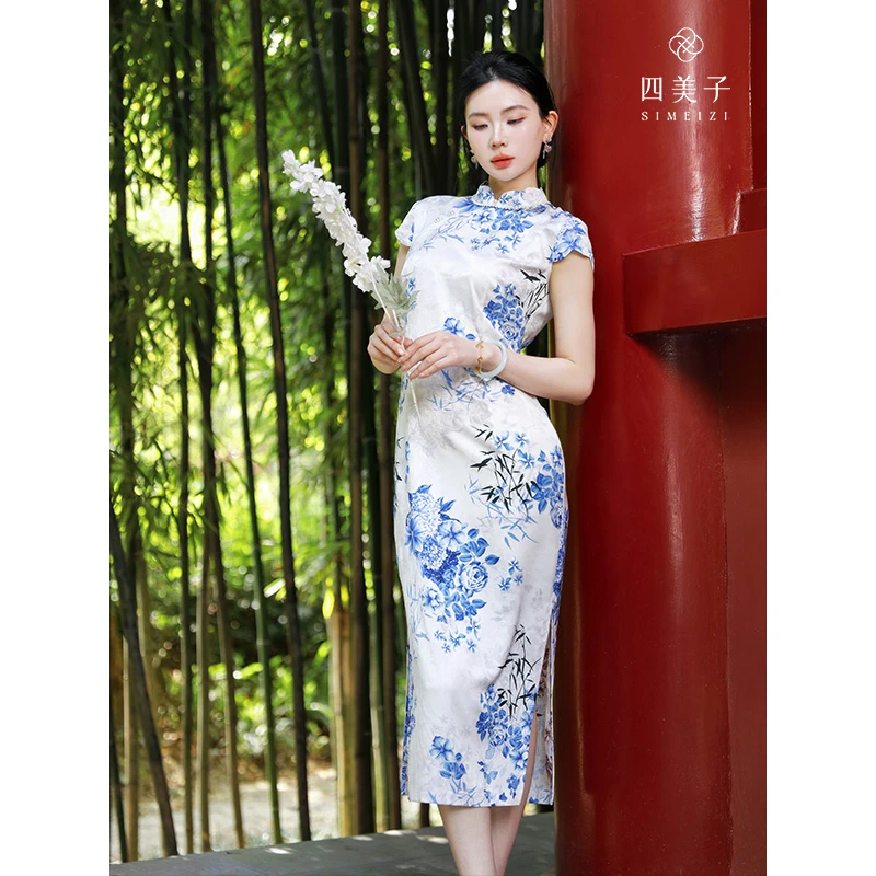 四美子【青花引】新款爆款新中式缎面双面印旗袍裙外出洋气连衣裙