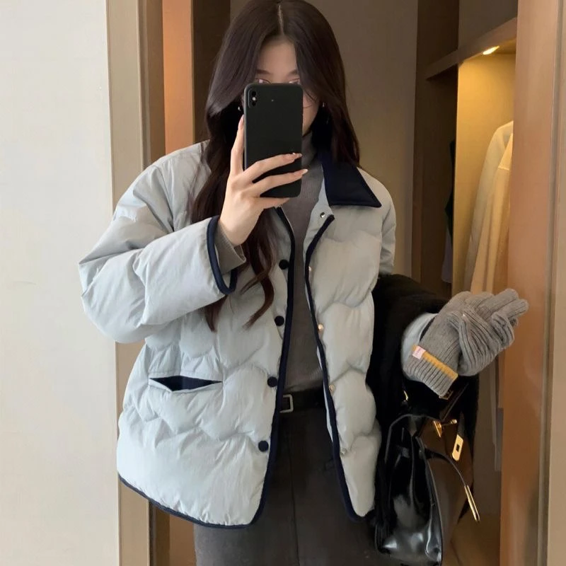 韩版小个子款羽绒棉服外套女小香风宽松短款冬季翻领加厚羽绒棉服