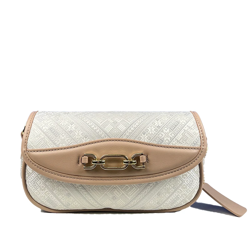 【壮美优品】广西壮锦素白几何棕边手提包