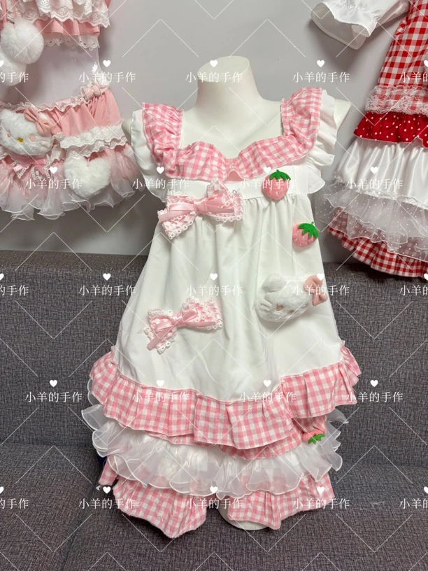 日系软妹春夏粉色猫咪可爱风格女童小飞袖女仆连衣裙套装