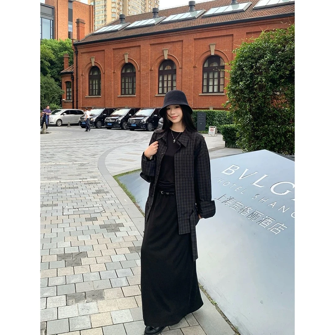 美式复古黑灰格子衬衫女宽松腰带收腰长袖衬衣C 9112#