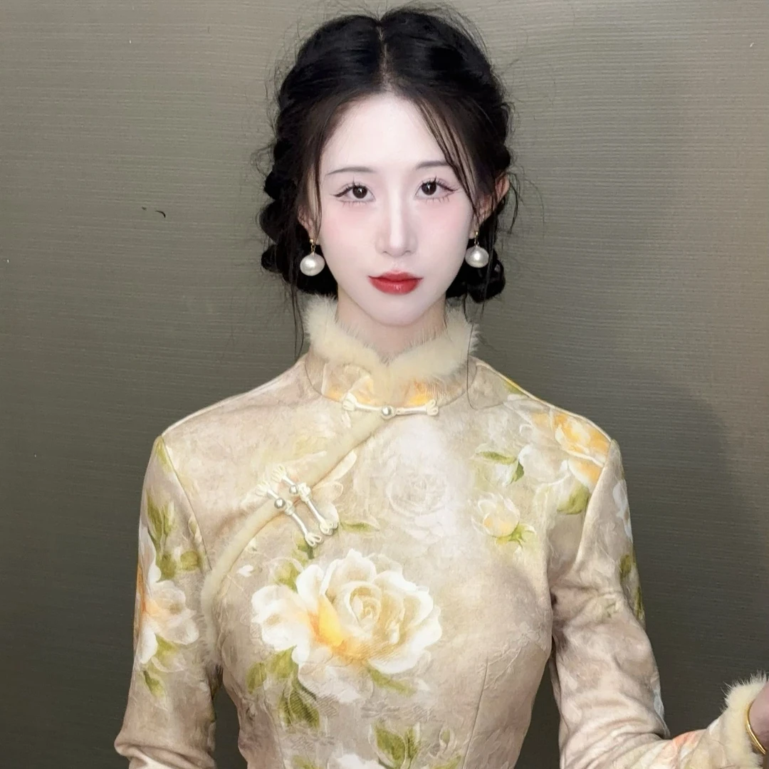 LHMknk1画报夫人原创自制厚款针织水貂毛秋冬旗袍 长袖芍药花旗袍