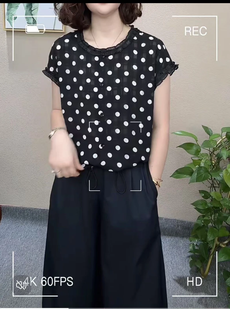 常规圆领短袖印花波点落肩袖T恤时尚宽松韩版和纸纱