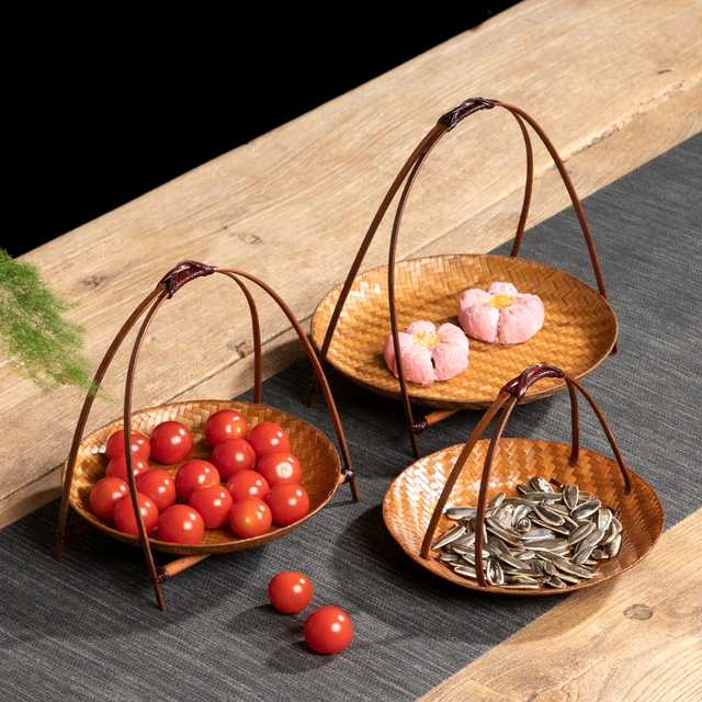 手工竹制小提篮 竹编带提手点心盘茶点托盘水果篮 中式复古糕点盘
