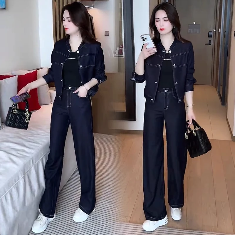 时尚牛仔套装女2025秋季新款时髦洋气短款外套阔腿裤休闲两件套潮