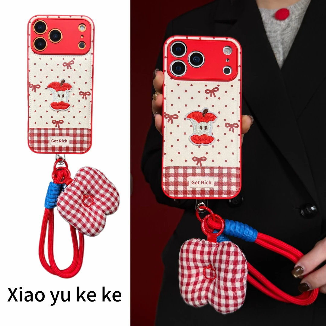 喜庆白底红波点刺绣苹果核适用iPhone17promax手机壳苹果16手绳15