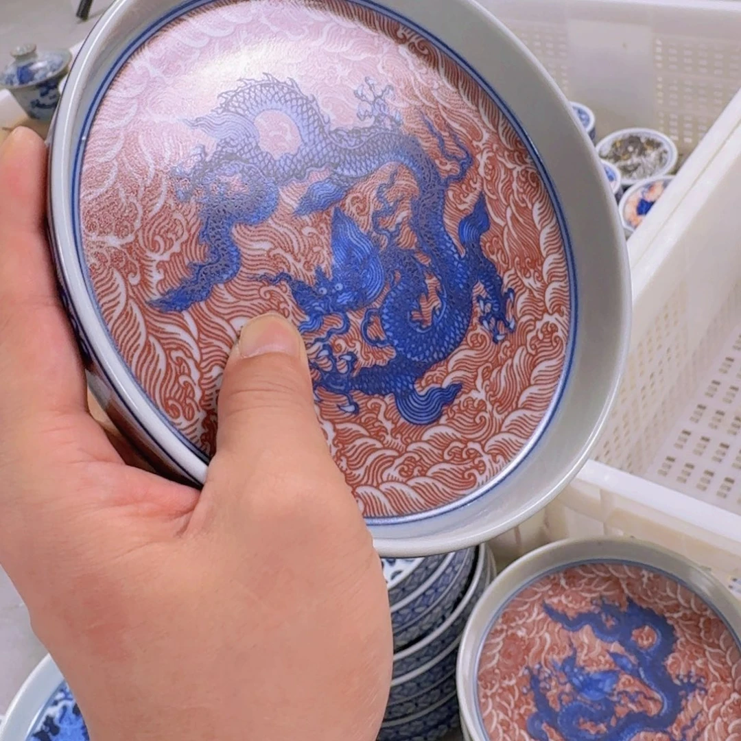 瓷片釉里红海水龙大壶乘微瑕