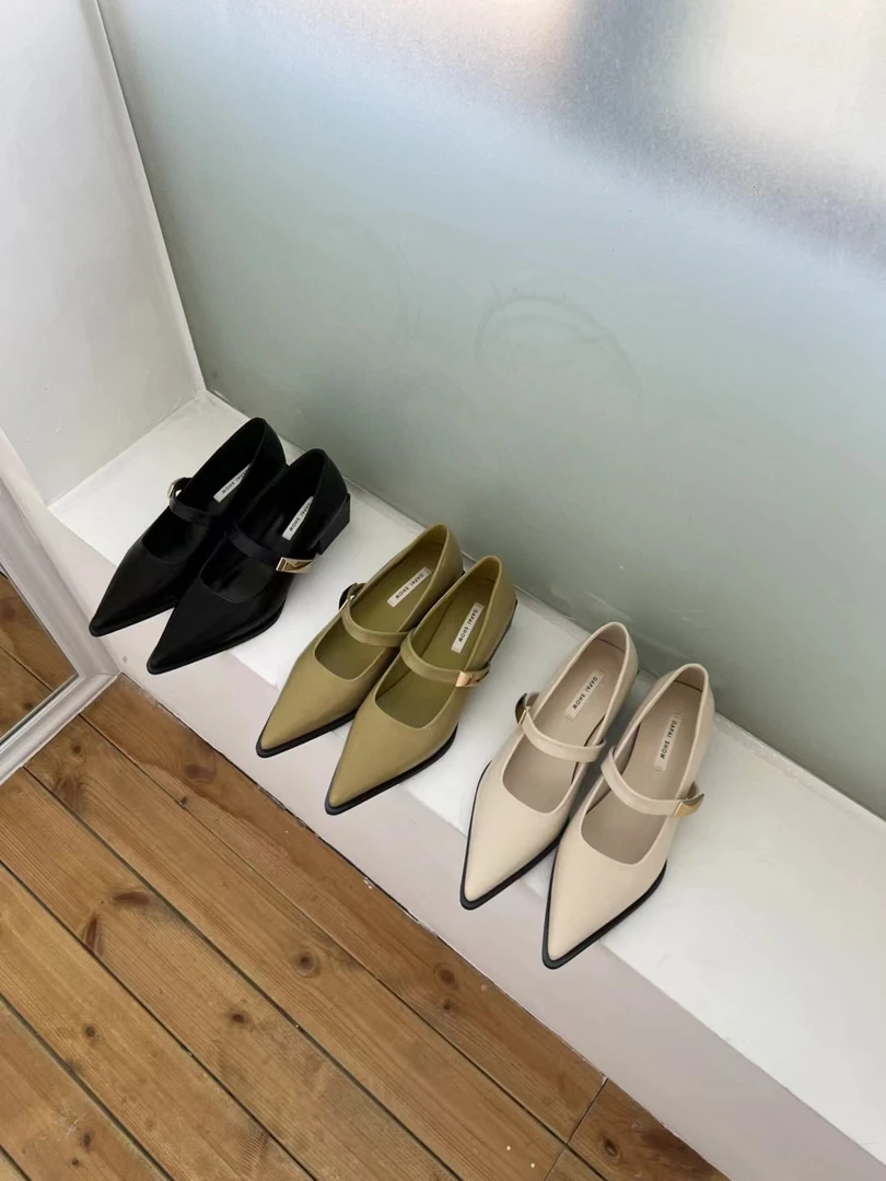 A236-1法式浅口粗跟尖头单鞋2025春夏新款时尚女鞋中跟百搭跟鞋