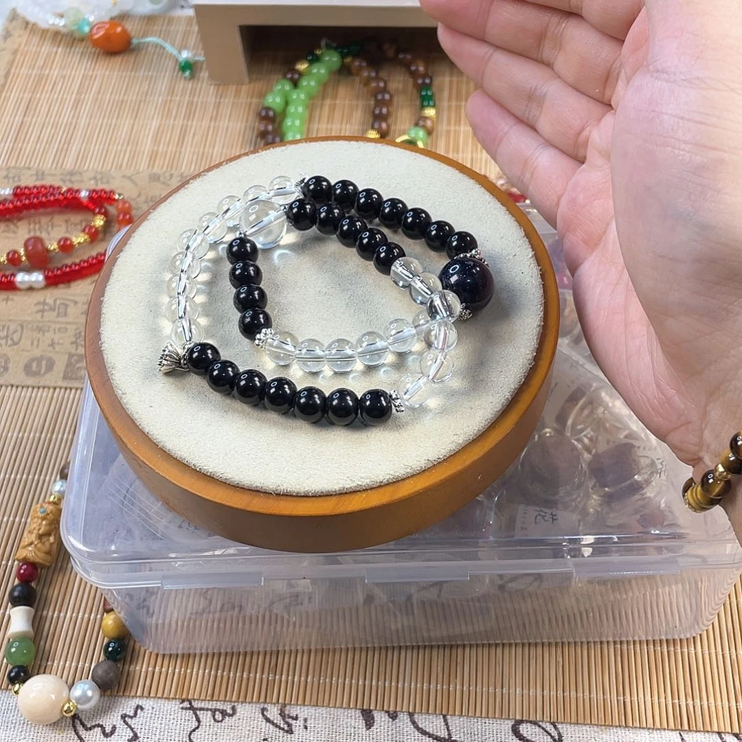 黑曜岩手饰银S925镀金镶嵌