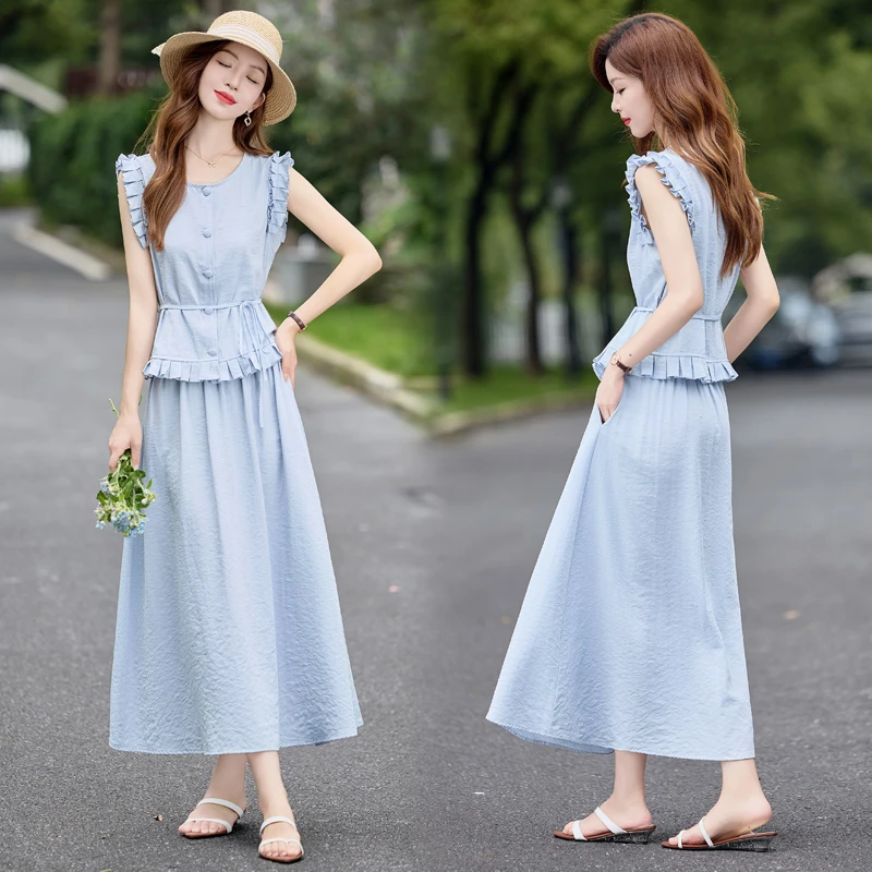 韩系气质木耳花边套装裙女2025夏季新款系带收腰显瘦半身裙两件套