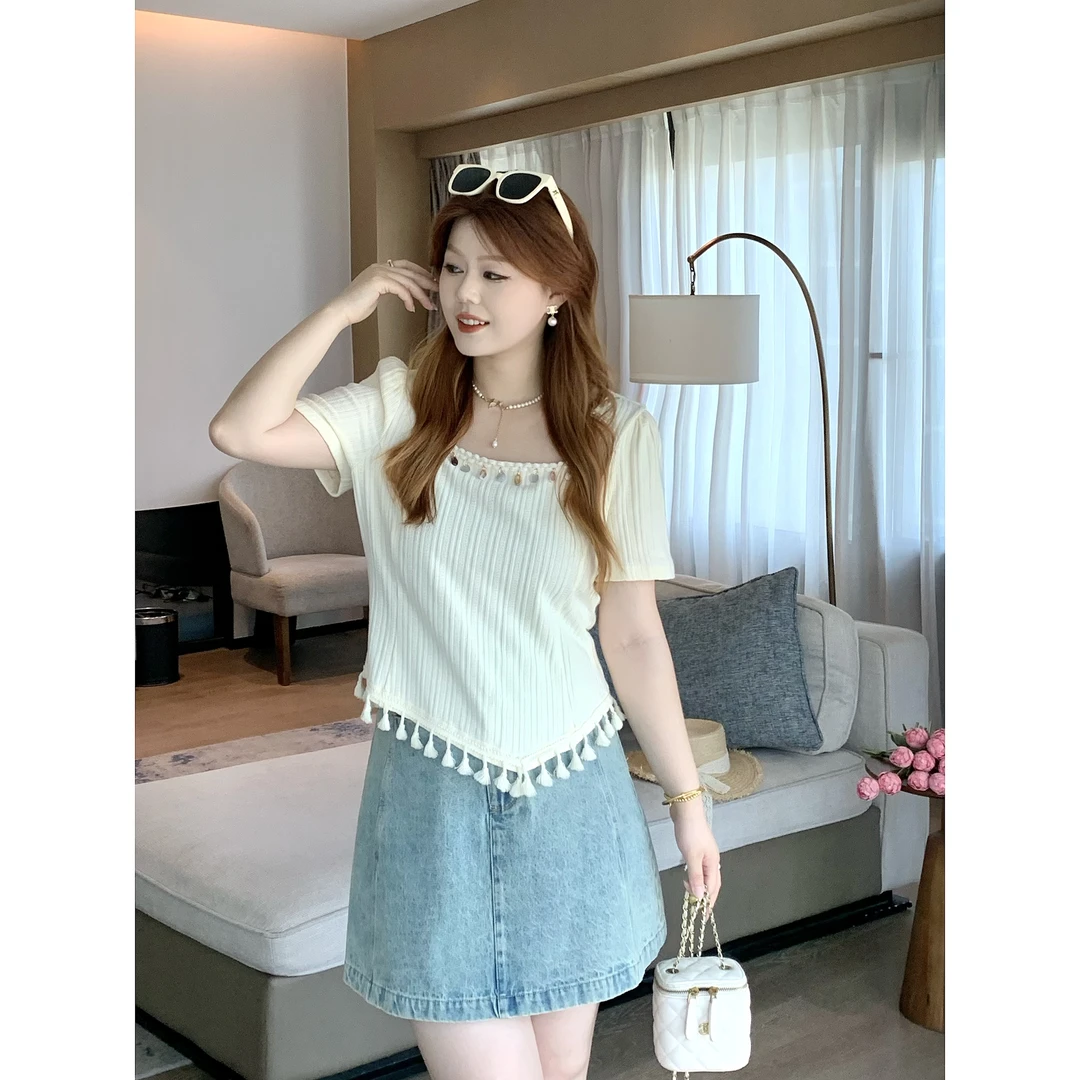 楠序迪迪微胖女装2025夏季时尚减龄设计感显瘦小衫上衣t恤DD10594