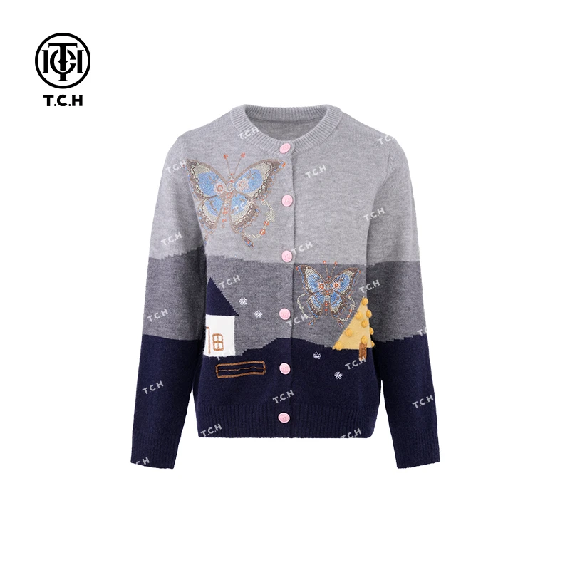 私服-TCH潮牌24秋冬新款时尚重工蝴蝶烫钻针织开衫T72C43E5095