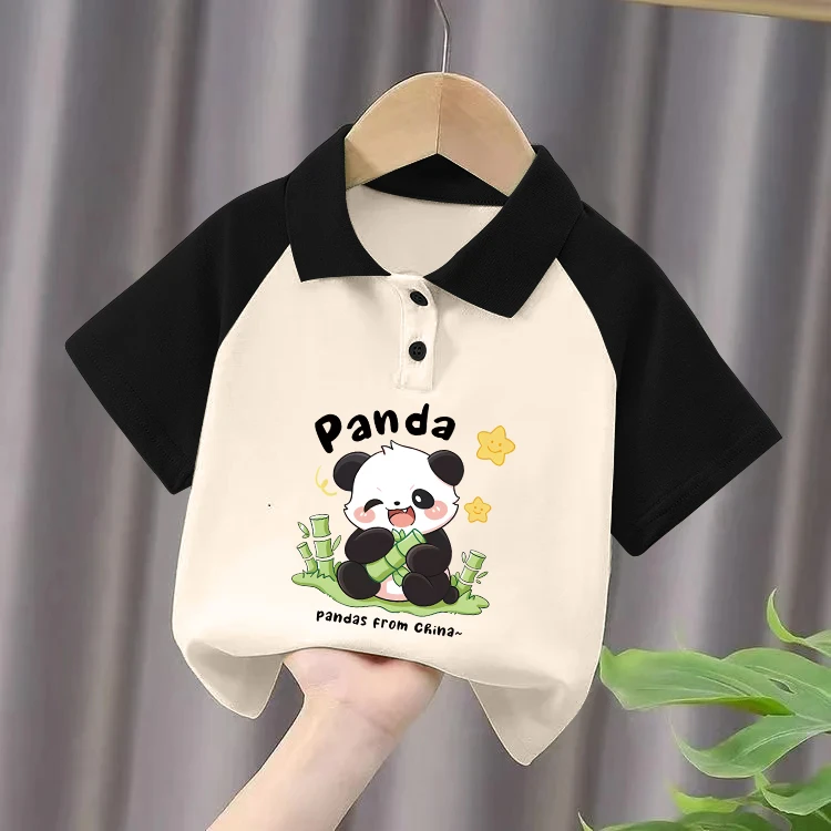 纯棉POLO衫卡通国潮熊猫印花男女儿童短袖潮流翻领拼接色短袖T恤i