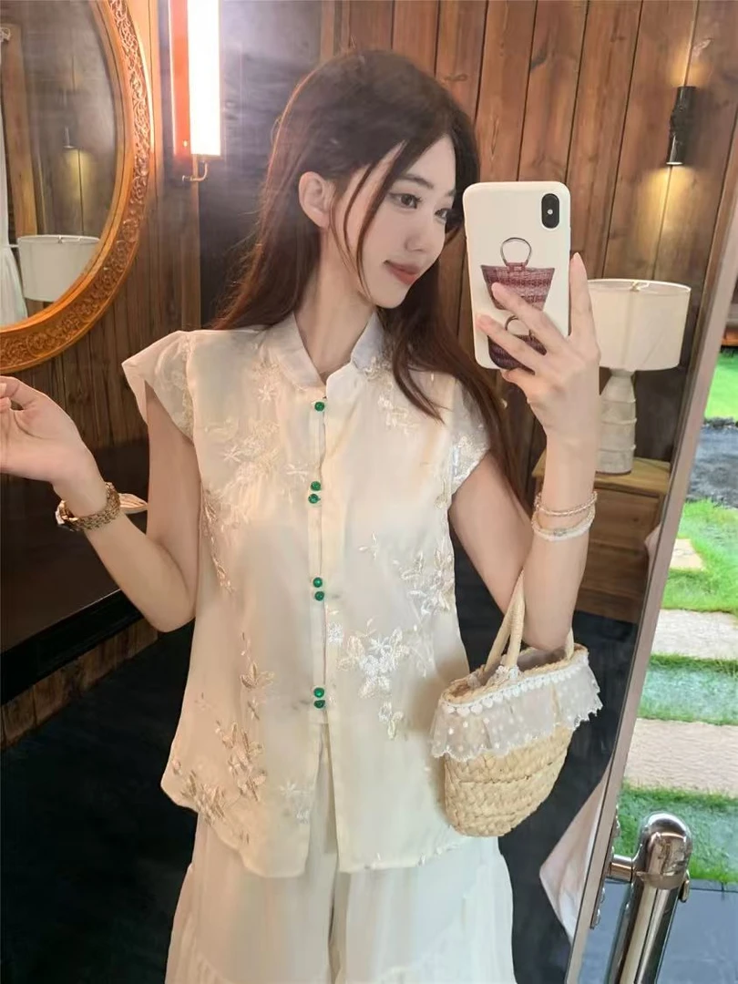 新中式时尚国风套装刺绣女装2025新款重工气质高腰休闲阔腿裤女