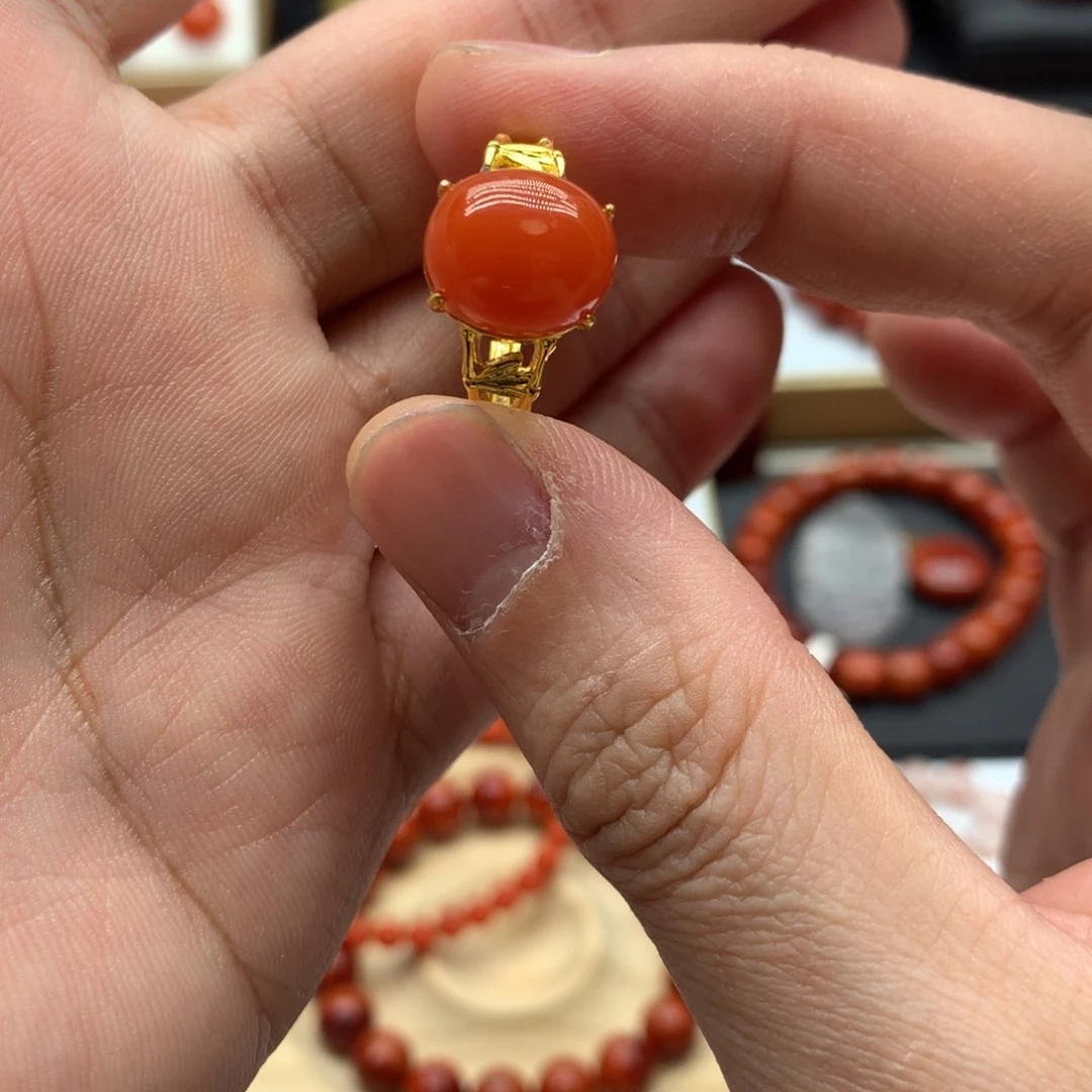 南红玛瑙戒指银S925镀金镶嵌鸟***飞