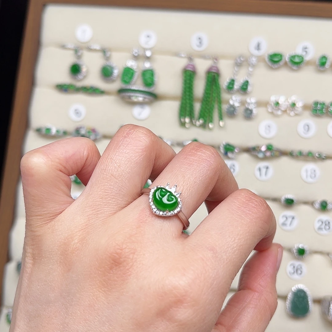 翡翠银S925镶嵌戒指天然