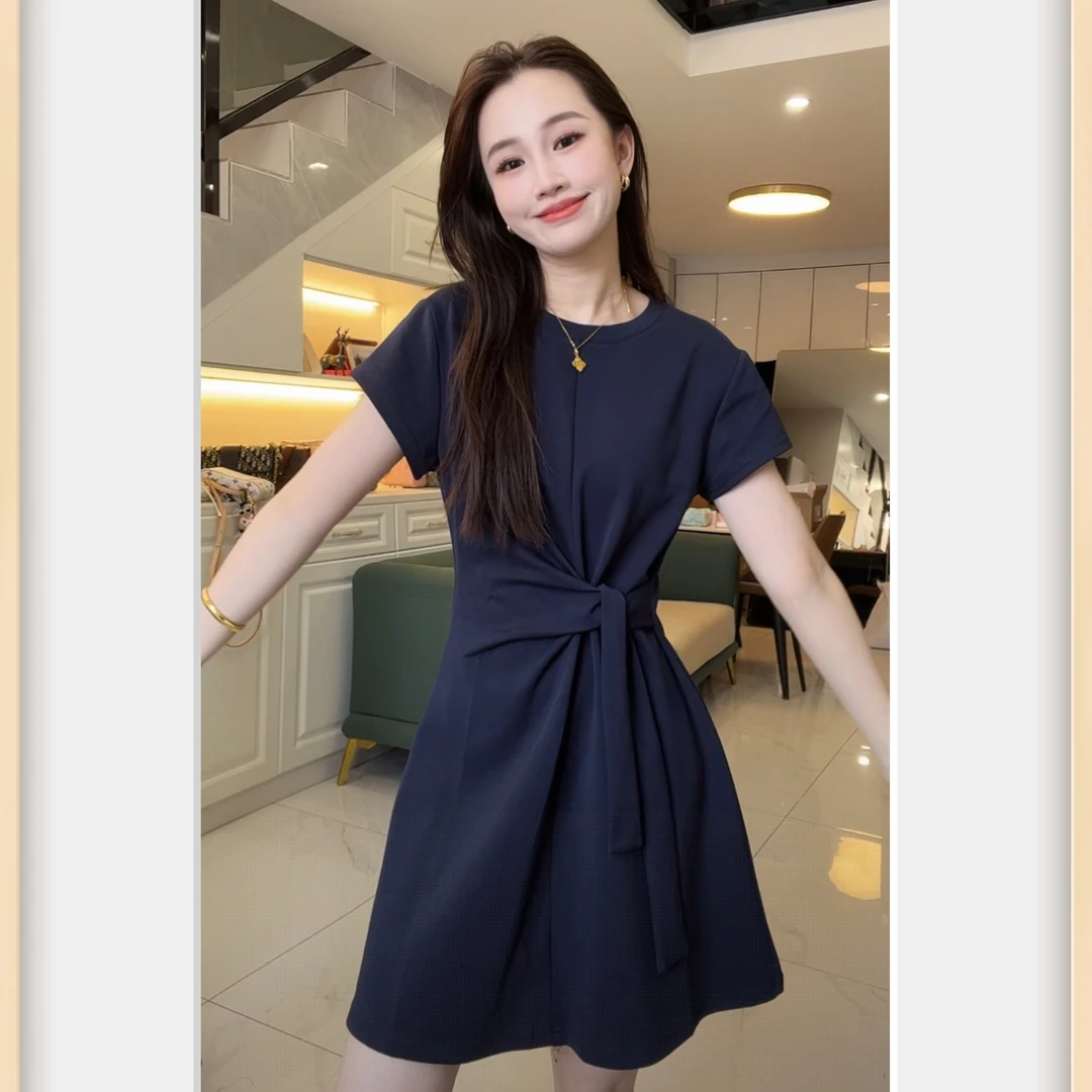 不规则裙圆领不褪色短袖连衣裙休闲小众复古修身收腰