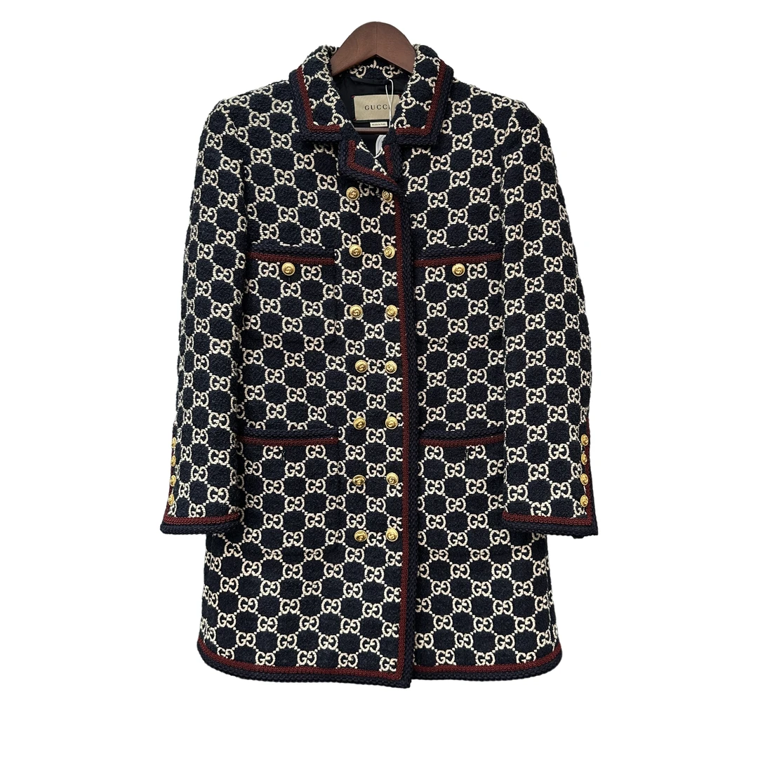 99新 GUCCI/古驰 青奢荟/38码/气质蓝白红边满印logo外套///67253