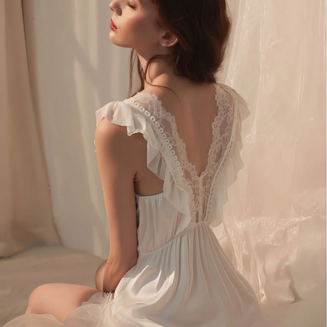 2025新款睡衣女情调冰丝吊带裙性感网纱蕾丝纯欲风睡裙V领家居服