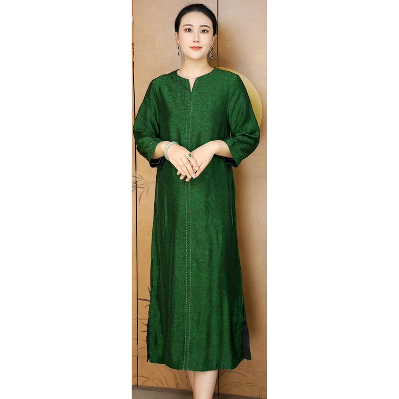 （绿V领）油皮七分袖连衣裙