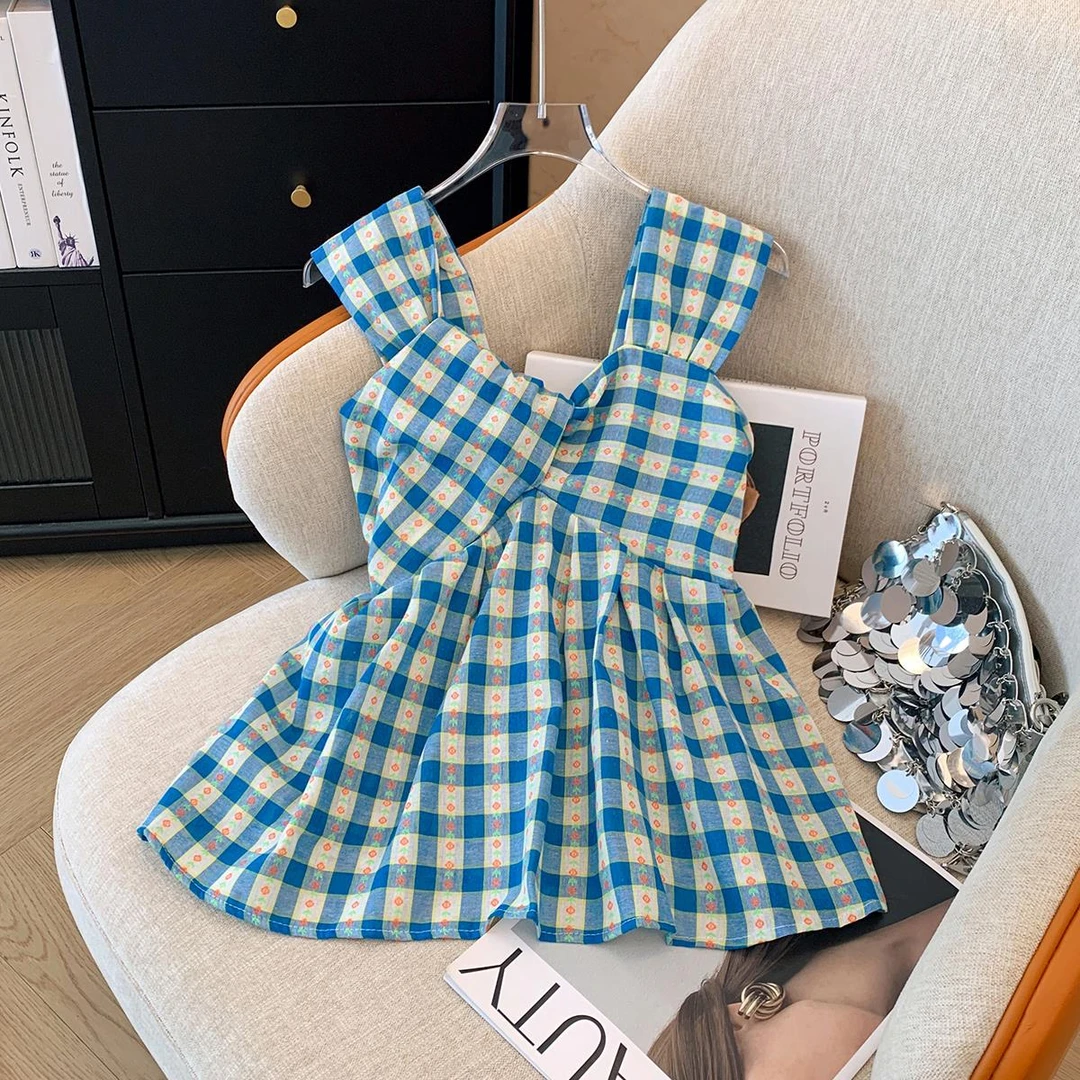 多巴胺蓝色扭结格子吊带背心女夏季设计感外穿露背无袖娃娃衫上衣