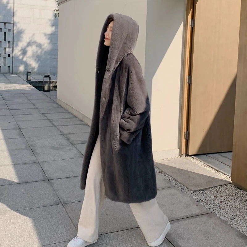 【小夏】进口天鹅绒紫金短二过膝长款连帽外套年轻大码时尚洋气