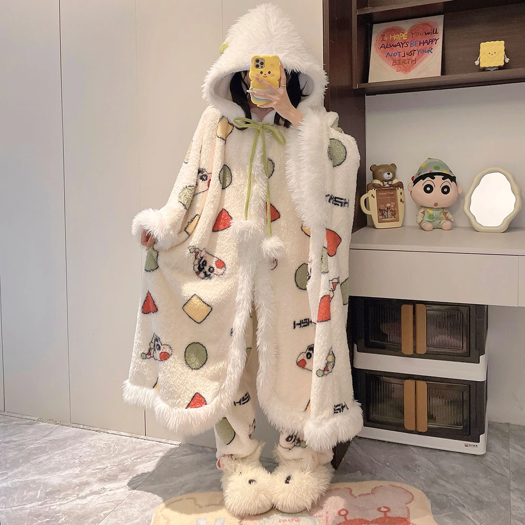 连帽睡衣女冬季可爱斗篷珊瑚绒法兰绒加绒加厚睡袍睡裙家居服冬天