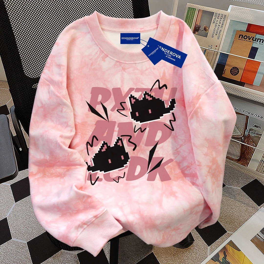 2025新款秋冬可爱卡通圆领卫衣男女chic加绒加厚宽松显瘦扎染上衣