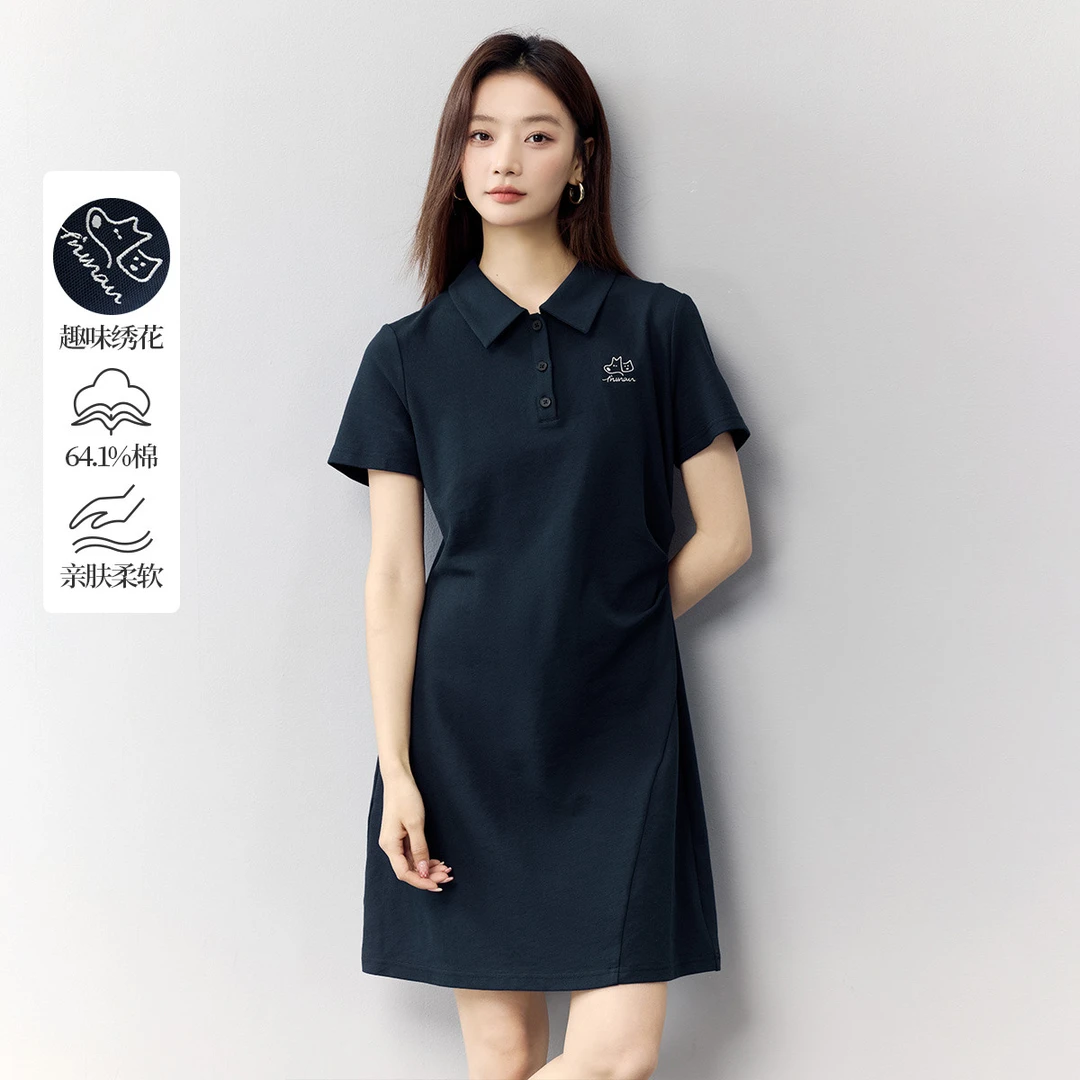 茵曼2025夏季新款女连衣裙显瘦短袖T恤休闲POLO收腰时尚爆款百搭
