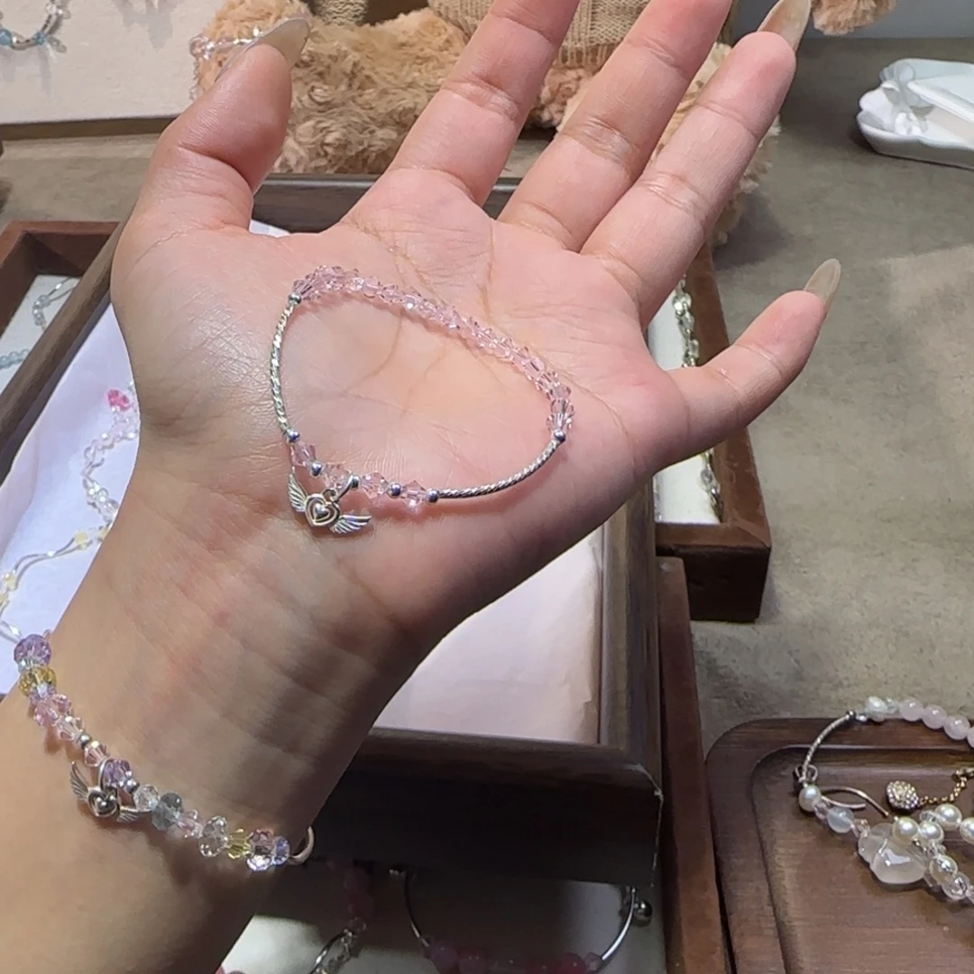 银S925镶嵌手链烟晶粉爱心天使