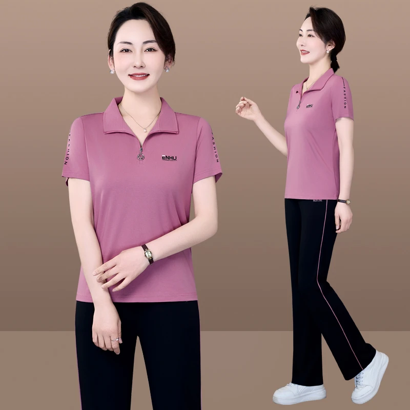 恩狐减龄运动服休闲运动套装夏季气质显瘦薄款中老年立领两件套