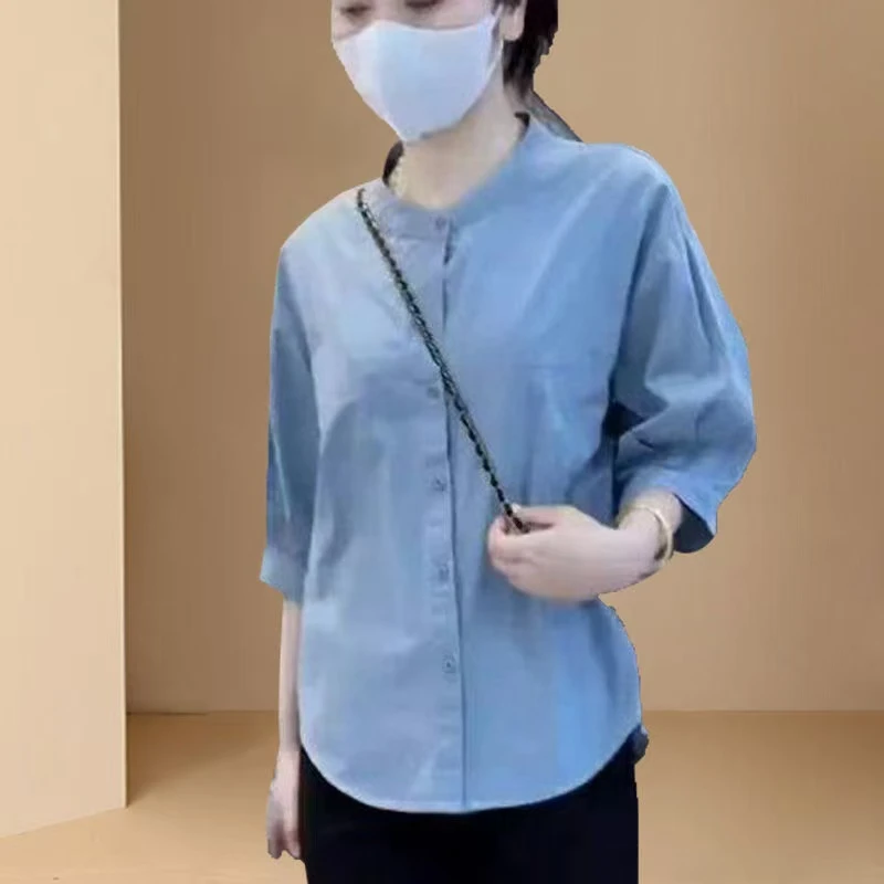 2025夏季休闲新款中袖衬衣洋气减龄宽松显瘦百搭纯色衬衫套装