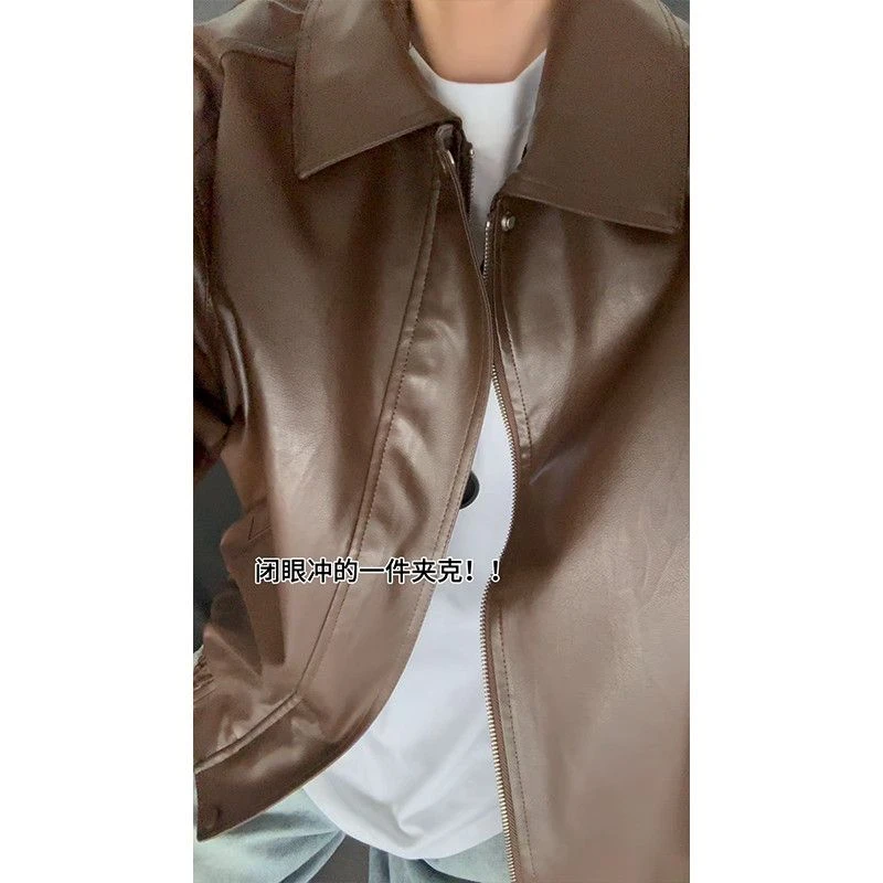 美拉德棕色PU皮衣机车外套男士春秋款美式vintage飞行员工装夹克
