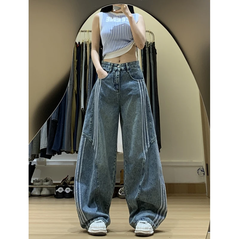 美式复古街头水洗弯刀牛仔裤女2025秋季新款三条杠条纹阔腿长裤子